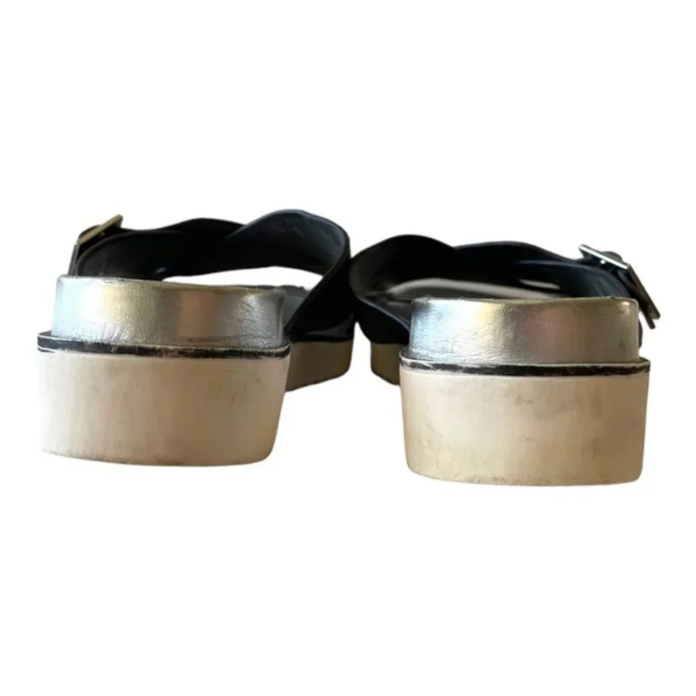 GUESS Women's Slip-on Deana Black, Sliver & White Leather Buckel Sandel Sz 9.5